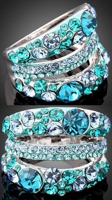 BLING 3-ROW BLUE SWAROVSKI CRYSTAL RING-sz9.5